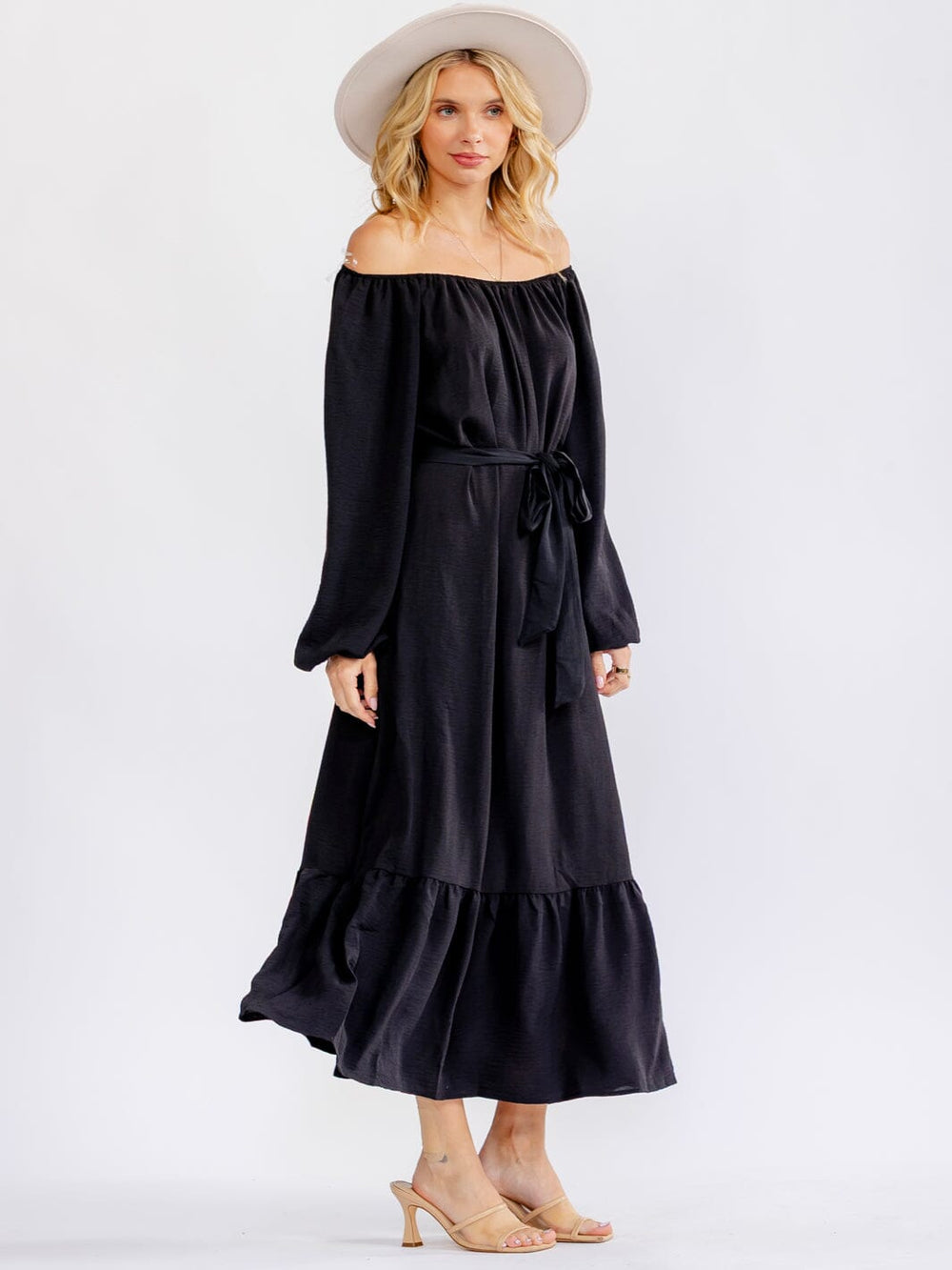 WOMEN'S OFF SHOULDER LONG SLEEVE SELF TIE MAXI DRESS
