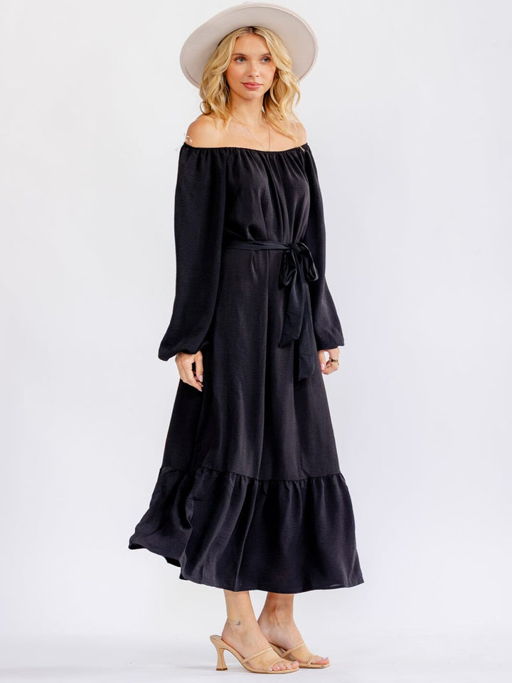 WOMEN'S OFF SHOULDER LONG SLEEVE SELF TIE MAXI DRESS