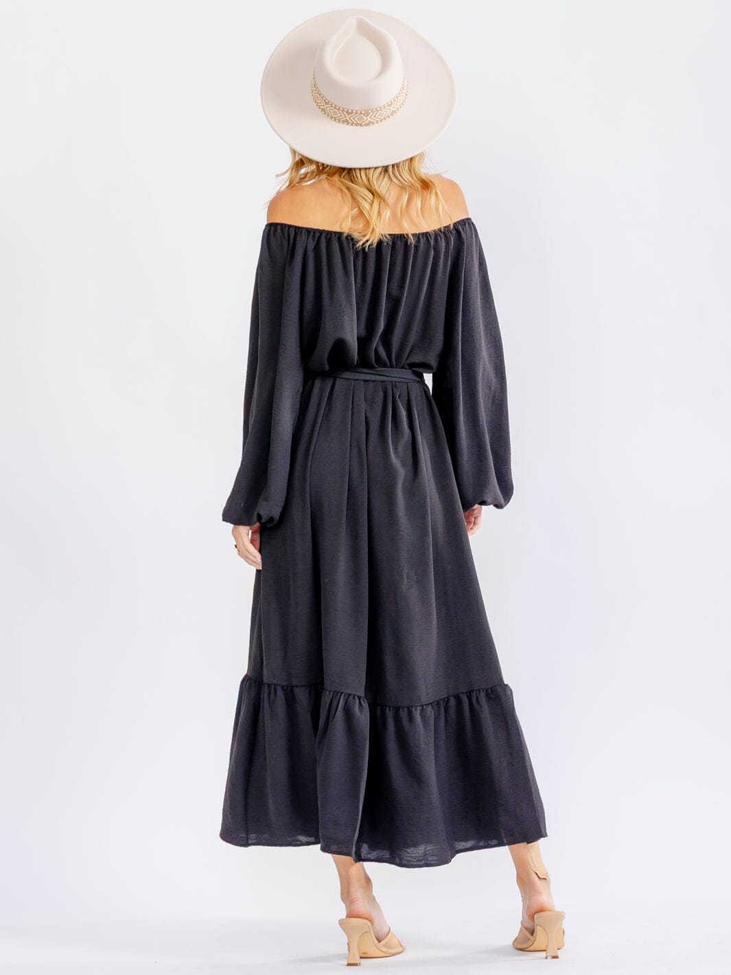 WOMEN'S OFF SHOULDER LONG SLEEVE SELF TIE MAXI DRESS