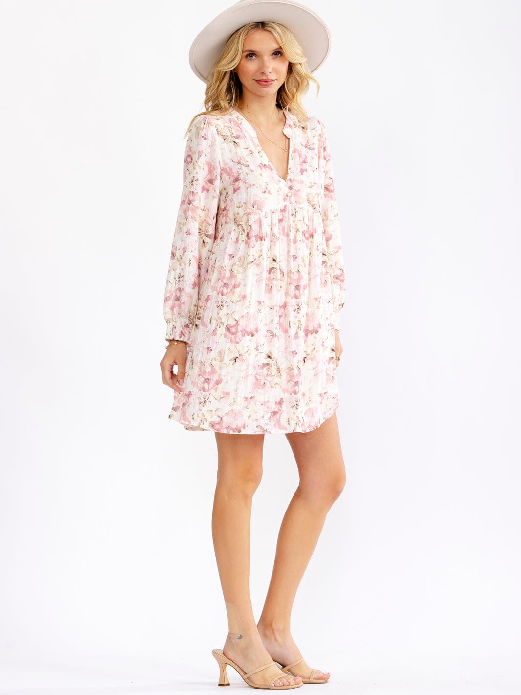 WOMEN'S LONG SLEEVE V-NECK LOOSE FIT FLORAL MINI DRESS