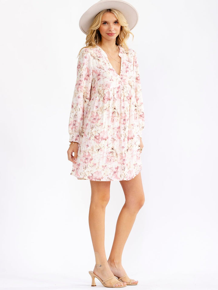WOMEN'S LONG SLEEVE V-NECK LOOSE FIT FLORAL MINI DRESS