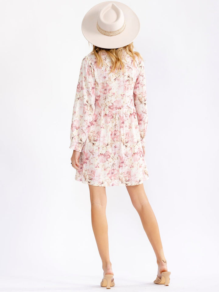 WOMEN'S LONG SLEEVE V-NECK LOOSE FIT FLORAL MINI DRESS