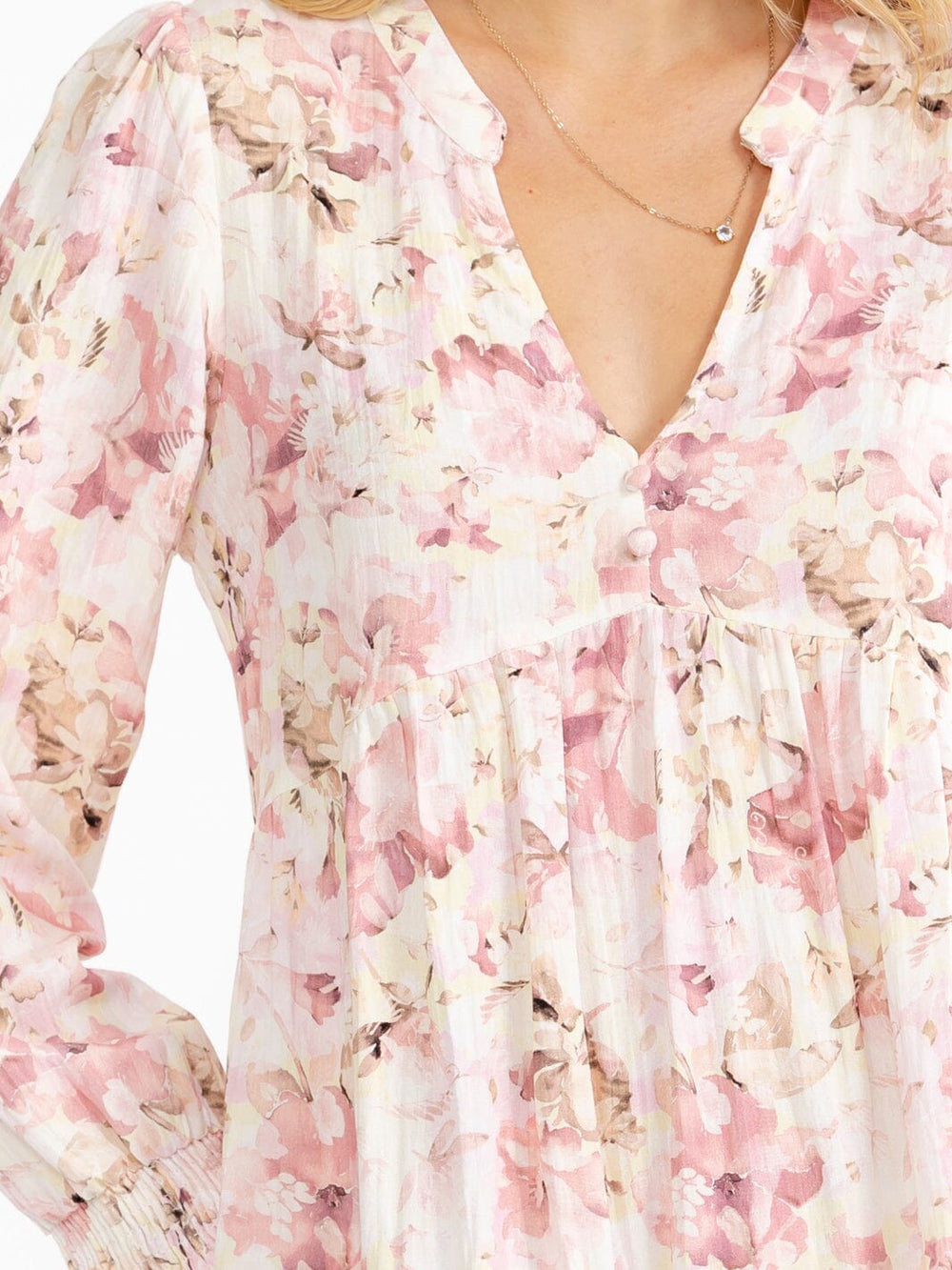 WOMEN'S LONG SLEEVE V-NECK LOOSE FIT FLORAL MINI DRESS
