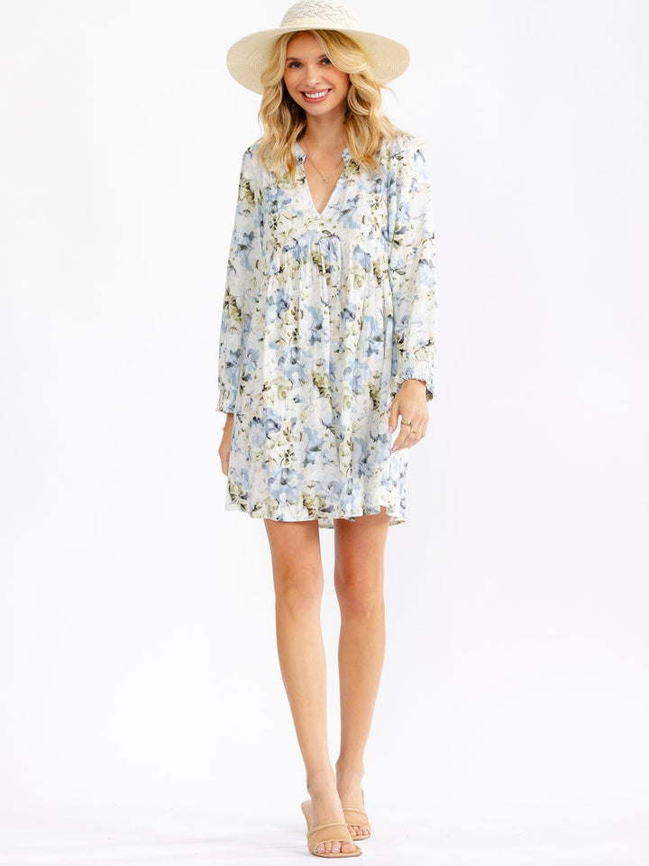 WOMEN'S LONG SLEEVE V-NECK LOOSE FIT FLORAL MINI DRESS