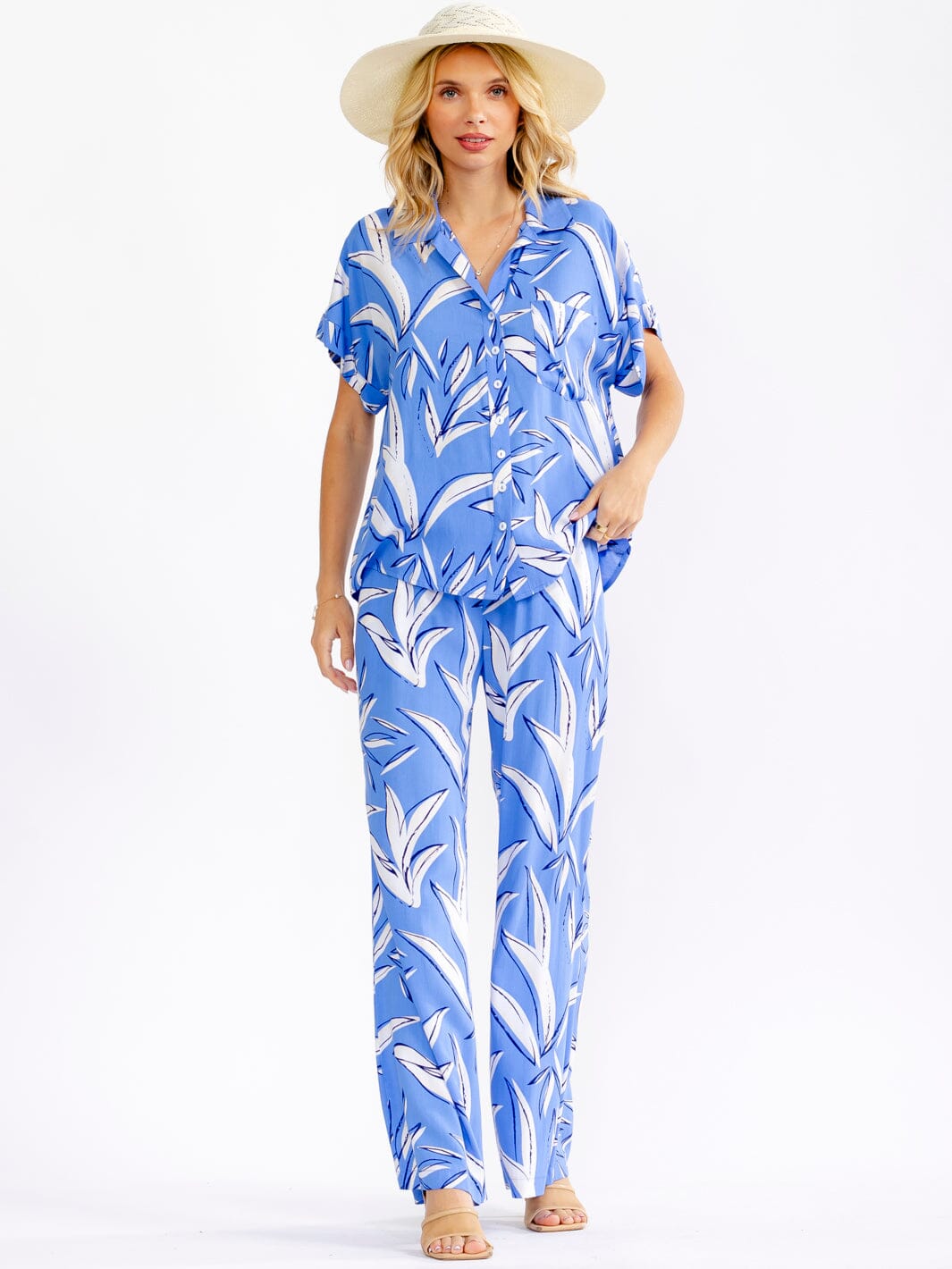 WOMEN'S SHORT SLEEVE BLOUSE & ELASTIC WAIST PANTS LEAF PRINT 2PC. SET