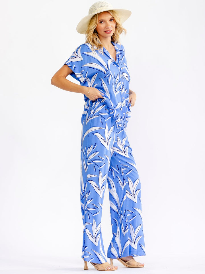 WOMEN'S SHORT SLEEVE BLOUSE & ELASTIC WAIST PANTS LEAF PRINT 2PC. SET