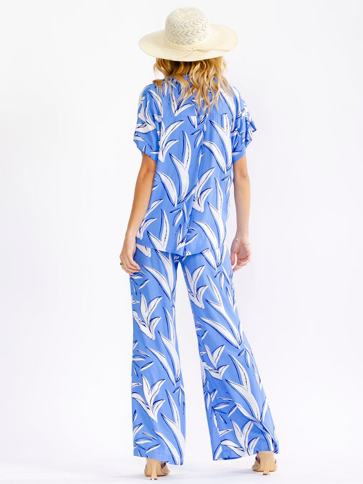 WOMEN'S SHORT SLEEVE BLOUSE & ELASTIC WAIST PANTS LEAF PRINT 2PC. SET