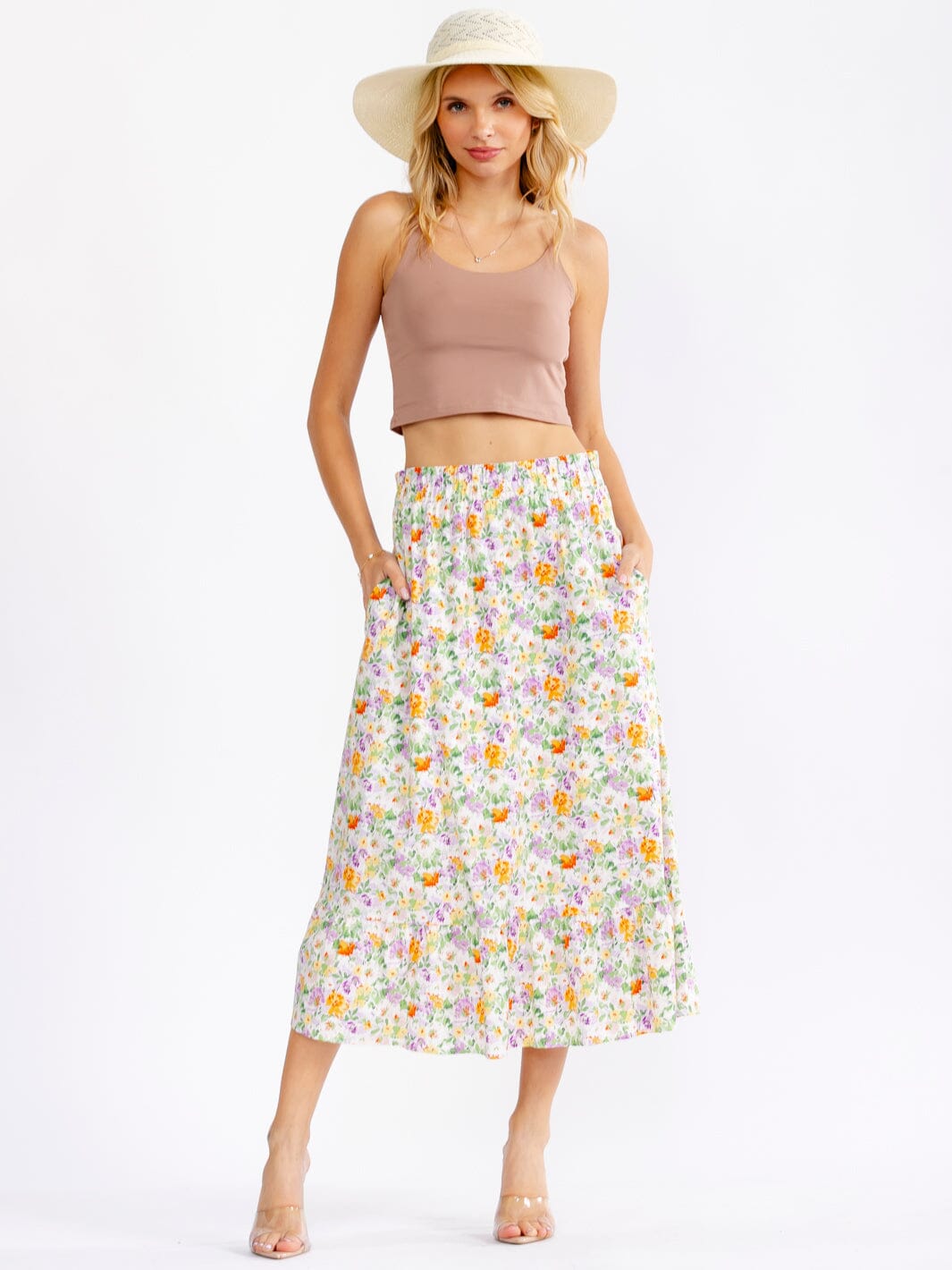 WOMEN'S ELASTIC WAIST FRONT POCKETS FLORAL MAXI SKIRT