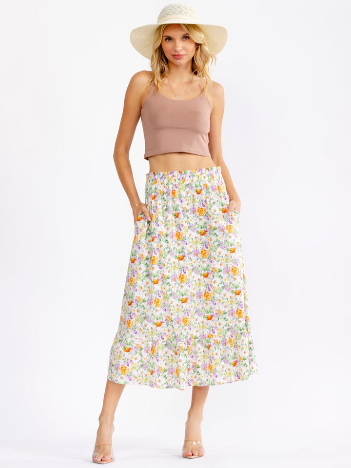 WOMEN'S ELASTIC WAIST FRONT POCKETS FLORAL MAXI SKIRT