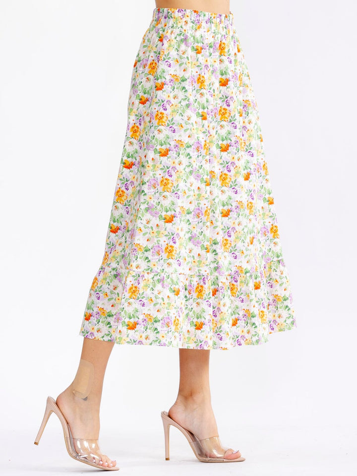 WOMEN'S ELASTIC WAIST FRONT POCKETS FLORAL MAXI SKIRT