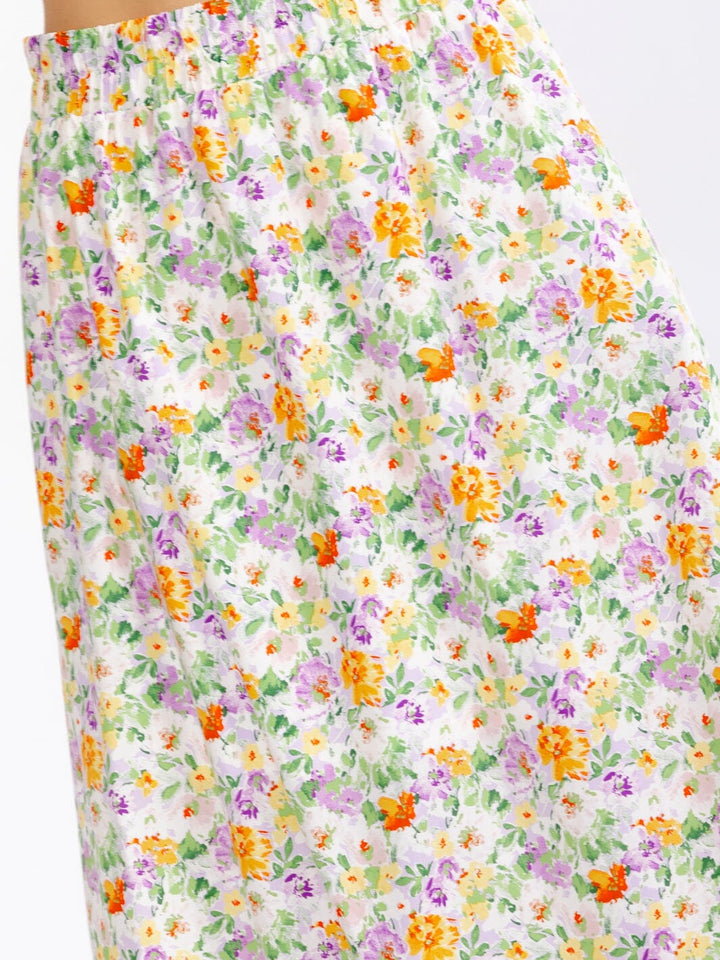 WOMEN'S ELASTIC WAIST FRONT POCKETS FLORAL MAXI SKIRT