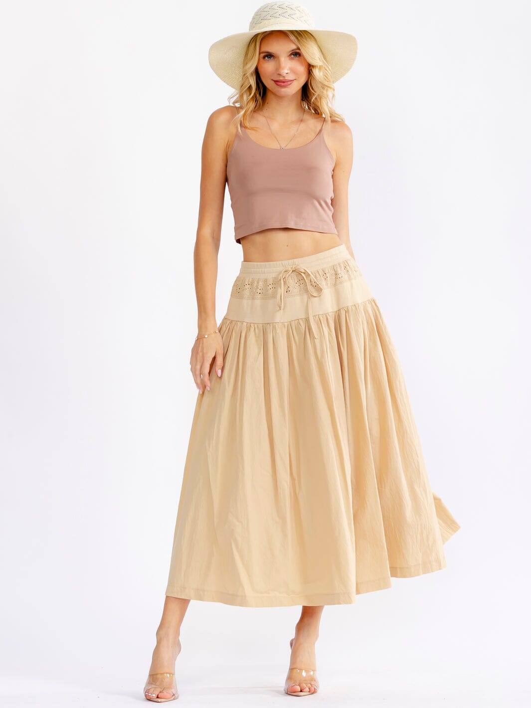 WOMEN'S ELASTIC WAIST FRONT POCKETS EYELET FIT & FLARE MAXI SKIRT