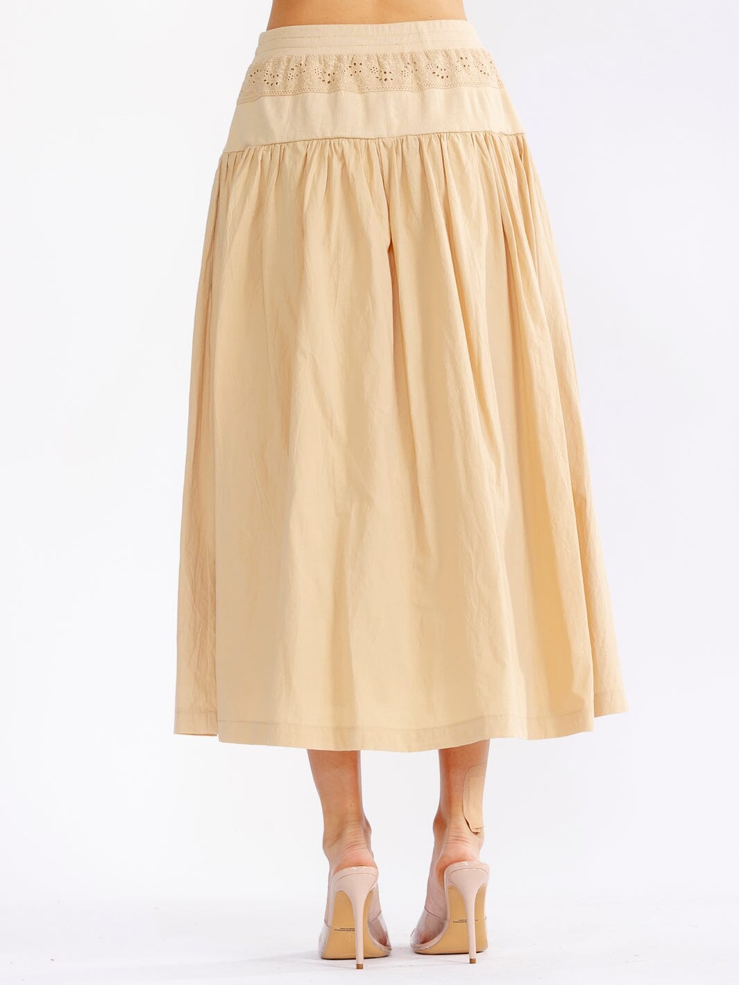 WOMEN'S ELASTIC WAIST FRONT POCKETS EYELET FIT & FLARE MAXI SKIRT