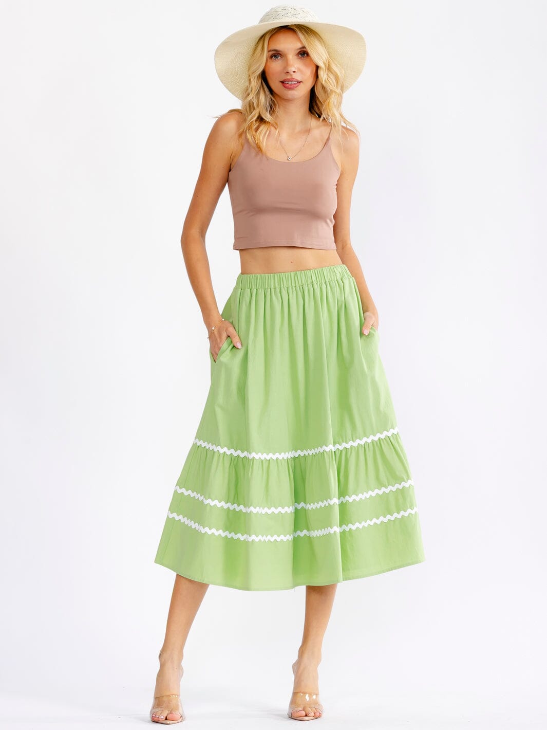 WOMEN'S ELASTIC WAIST FRONT POCKETS TRIM DETAILED FIT & FLARE MIDI SKIRT