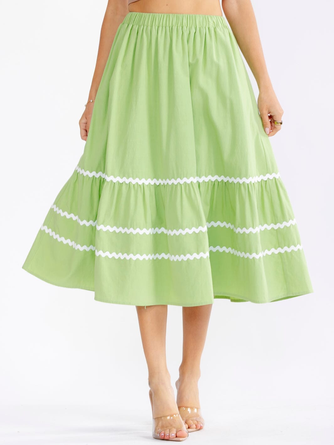 WOMEN'S ELASTIC WAIST FRONT POCKETS TRIM DETAILED FIT & FLARE MIDI SKIRT
