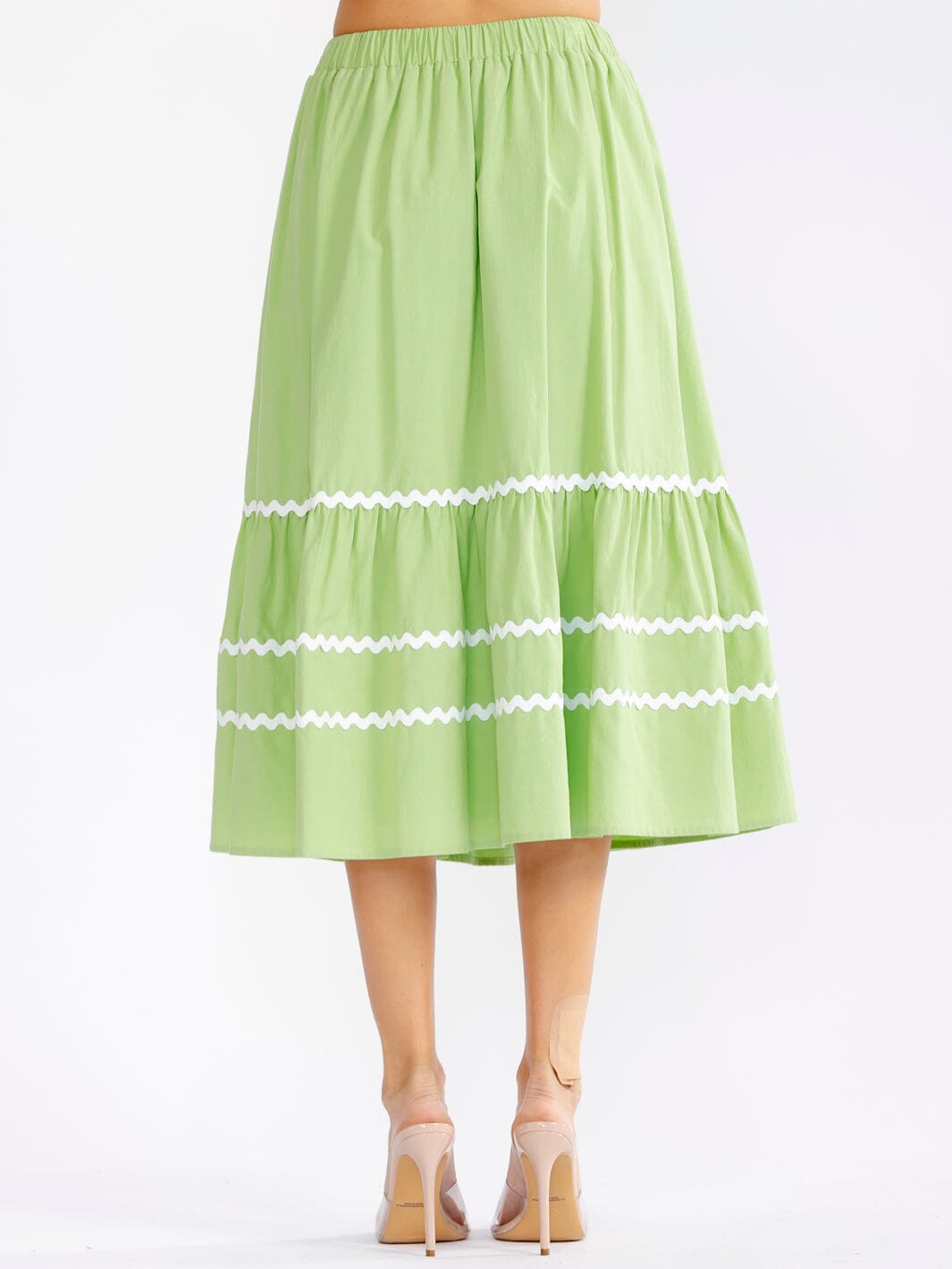 WOMEN'S ELASTIC WAIST FRONT POCKETS TRIM DETAILED FIT & FLARE MIDI SKIRT