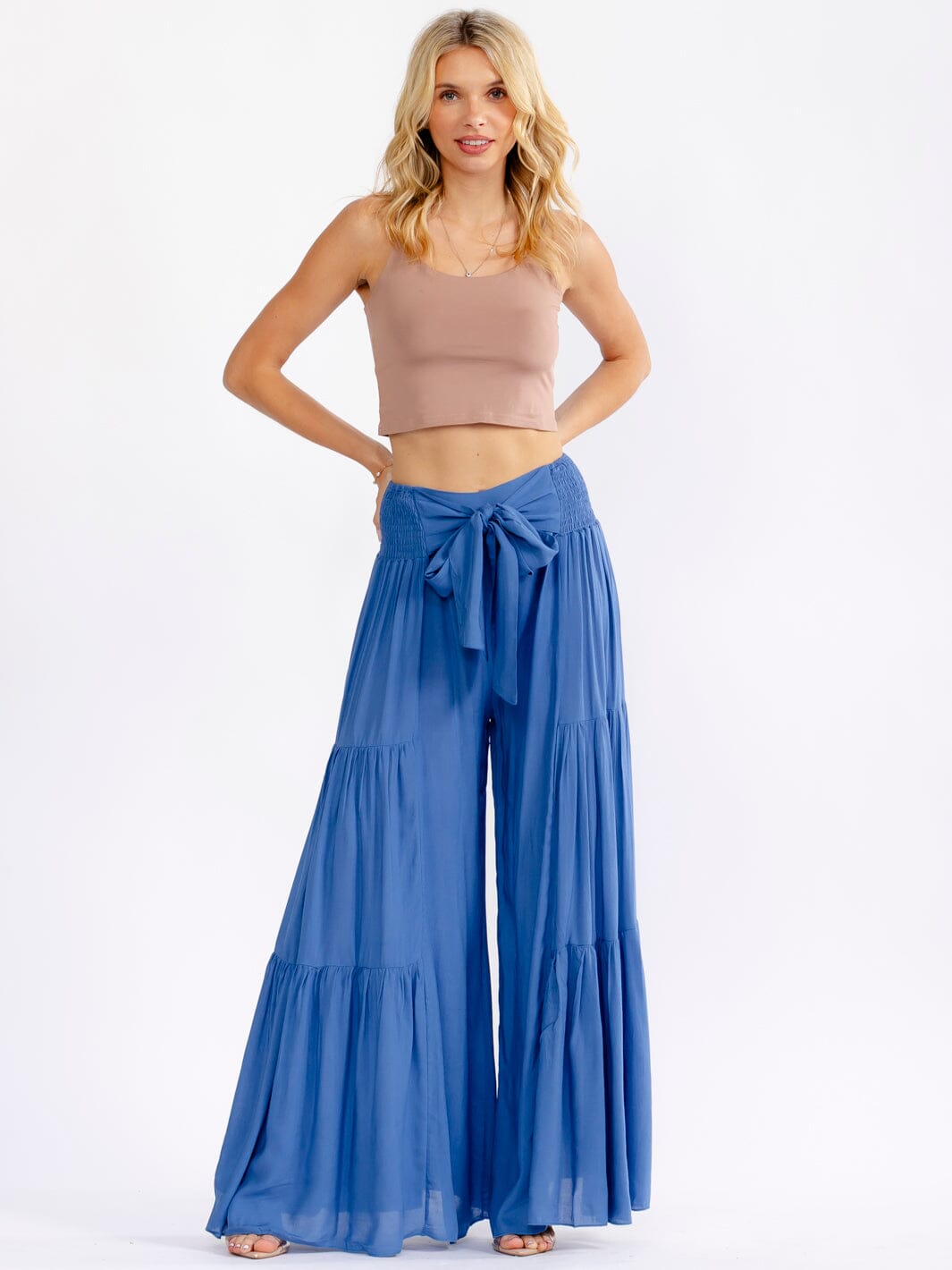 WOMEN'S ELASTIC WAIST SELF TIE TIERED PALAZZO PANTS