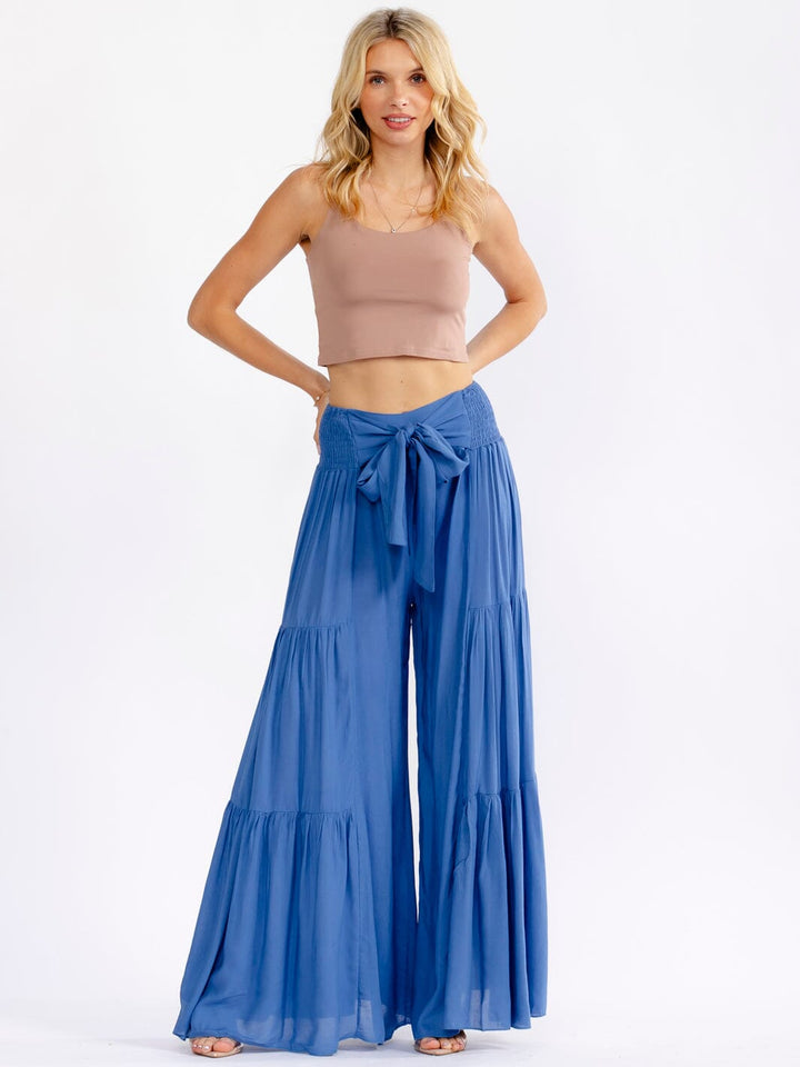 WOMEN'S ELASTIC WAIST SELF TIE TIERED PALAZZO PANTS