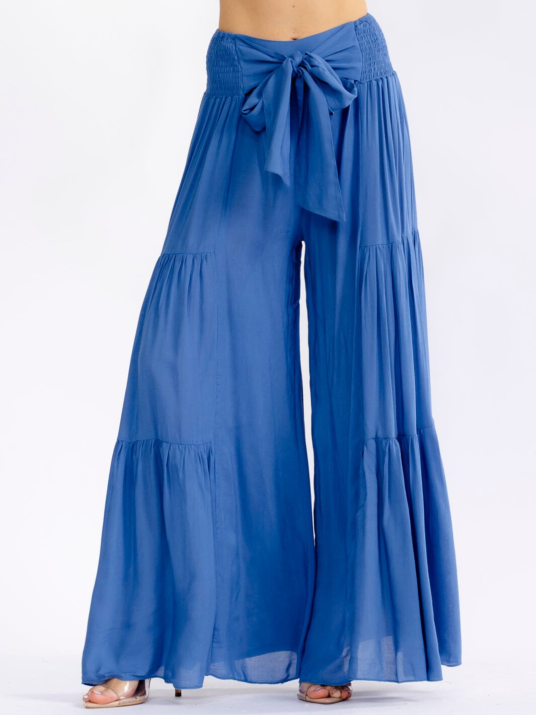 WOMEN'S ELASTIC WAIST SELF TIE TIERED PALAZZO PANTS