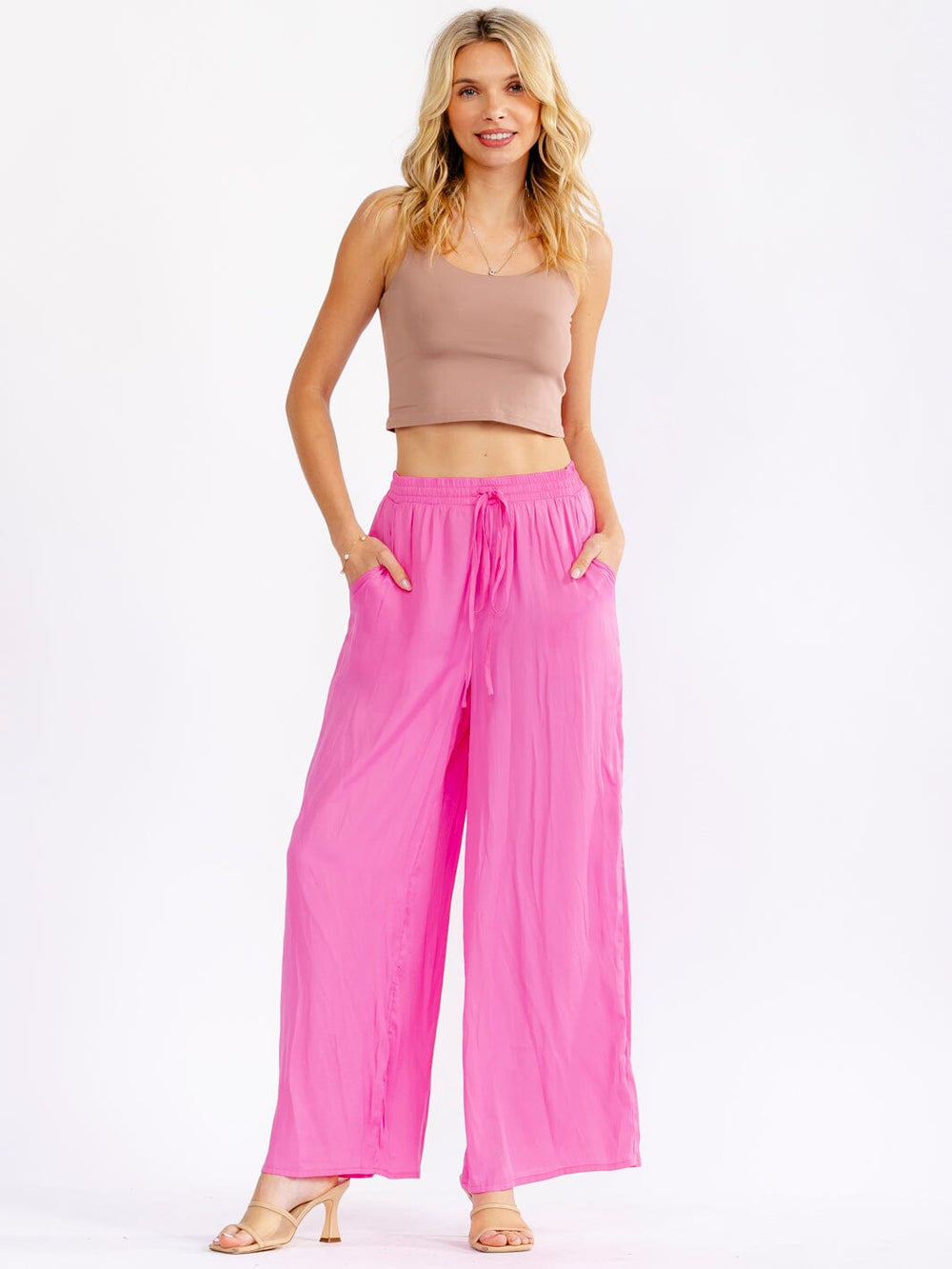 WOMEN'S ELASTIC WAIST FRONT POCKETS WIDE LEG PANTS
