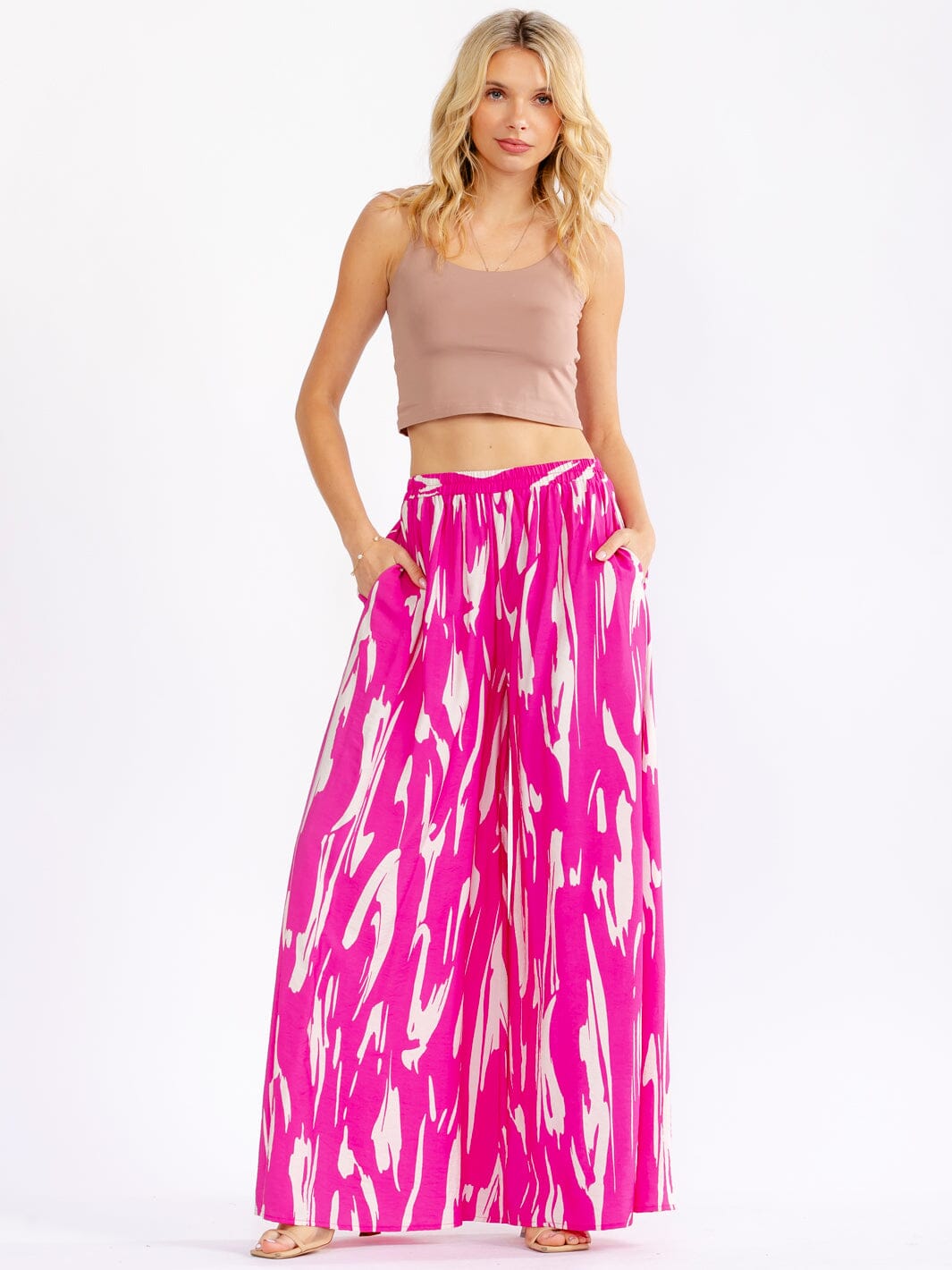 WOMEN'S ELASTIC WAIST FRONT POCKETS PRINTED PALAZZO PANTS