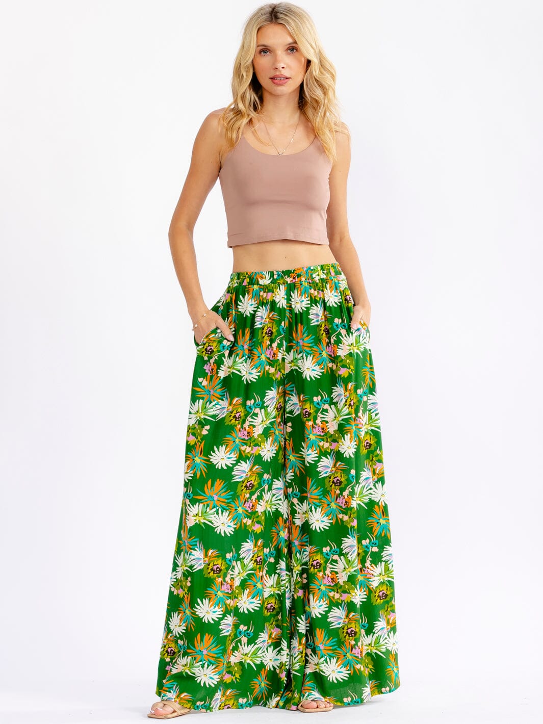 WOMEN'S ELASTIC WAIST FRONT POCKETS FLORAL PALAZZO PANTS