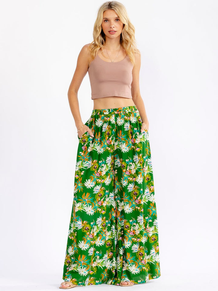 WOMEN'S ELASTIC WAIST FRONT POCKETS FLORAL PALAZZO PANTS