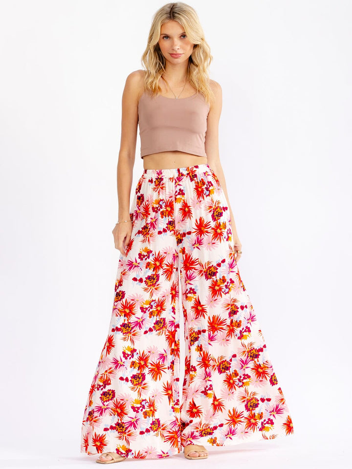 WOMEN'S ELASTIC WAIST FRONT POCKETS FLORAL PALAZZO PANTS
