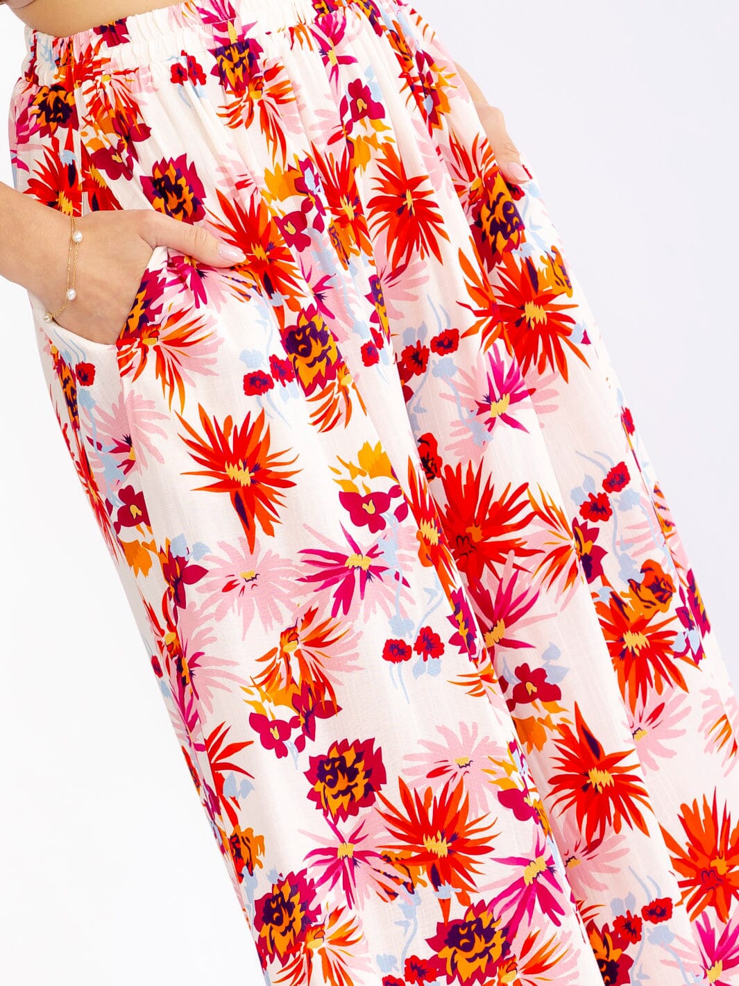 WOMEN'S ELASTIC WAIST FRONT POCKETS FLORAL PALAZZO PANTS