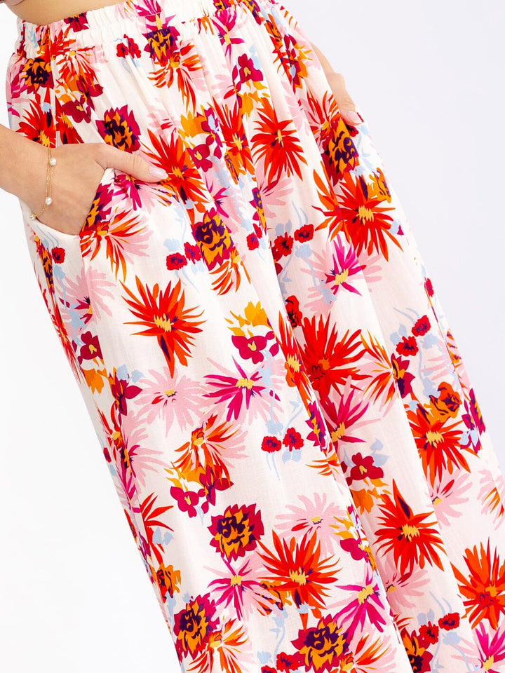 WOMEN'S ELASTIC WAIST FRONT POCKETS FLORAL PALAZZO PANTS