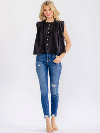 WOMEN'S SLEEVELESS BUTTON UP CROCHET DETAILED LOOSE FIT TOP