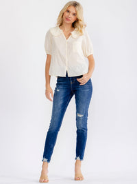 WOMEN'S SHORT SLEEVE BUTTON UP FRONT POCKET STITCHED DETAILED BLOUSE