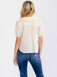 WOMEN'S SHORT SLEEVE BUTTON UP FRONT POCKET STITCHED DETAILED BLOUSE