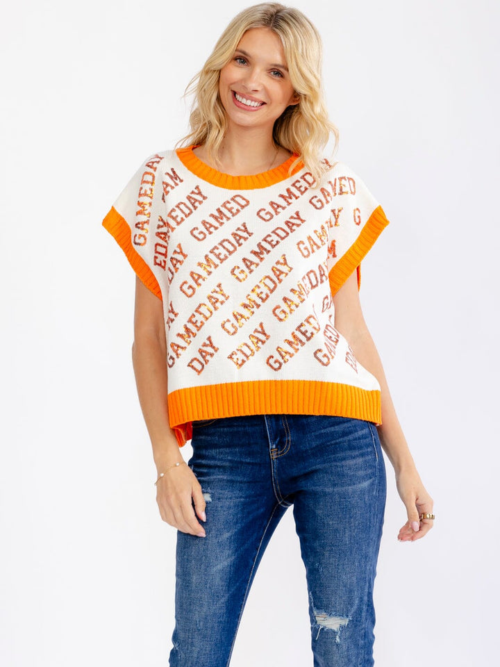 WOMEN'S SHORT SLEEVE GAMEDAY GRAPHIC KNIT SWEATER TOP