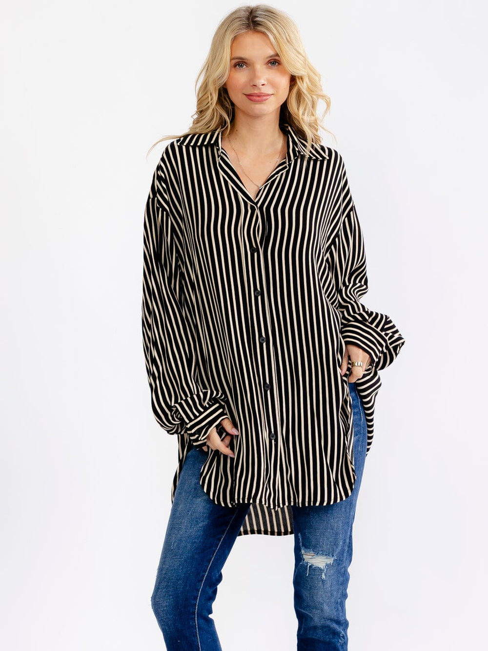 WOMEN'S LONG SLEEVE BUTTON UP COLORBLOCK STRIPES TUNIC