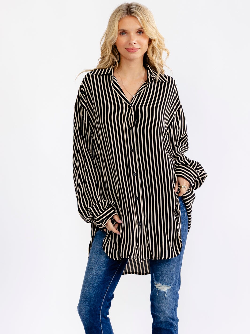 WOMEN'S LONG SLEEVE BUTTON UP COLORBLOCK STRIPES TUNIC