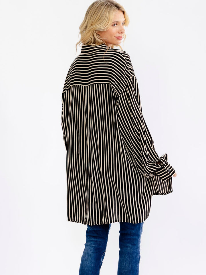 WOMEN'S LONG SLEEVE BUTTON UP COLORBLOCK STRIPES TUNIC