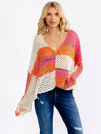 WOMEN'S LONG SLEEVE V-NECK COLORBLOCK KNIT SWEATER TOP