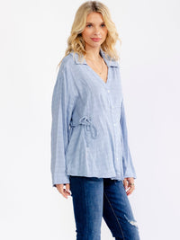 WOMEN'S LONG SLEEVE V-NECK BUTTON UP ADJUSTABLE WAIST BLOUSE