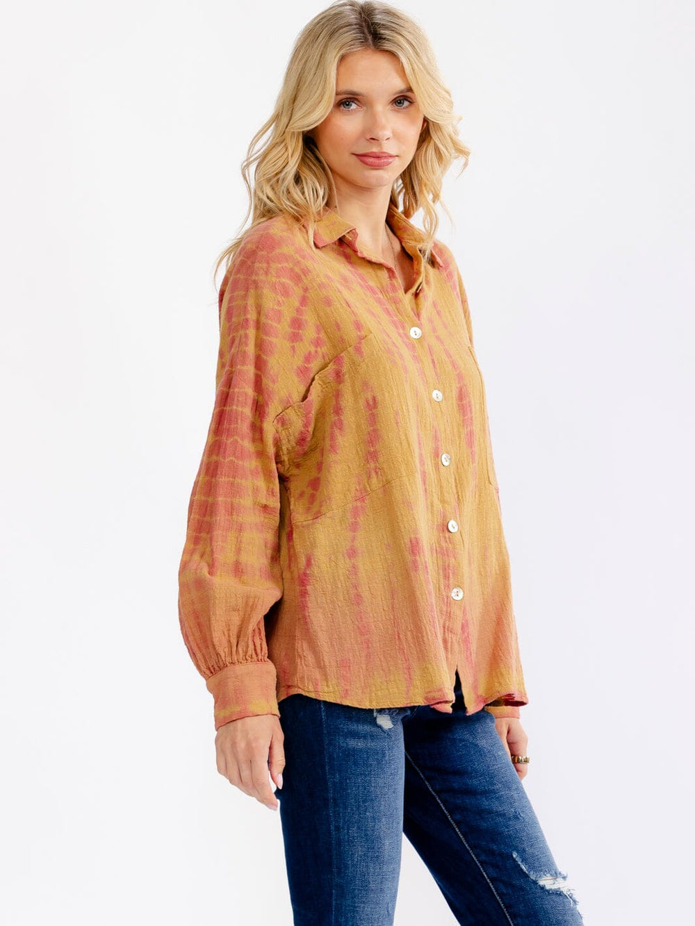 WOMEN'S LONG SLEEVE BUTTON UP TIE DYE BLOUSE