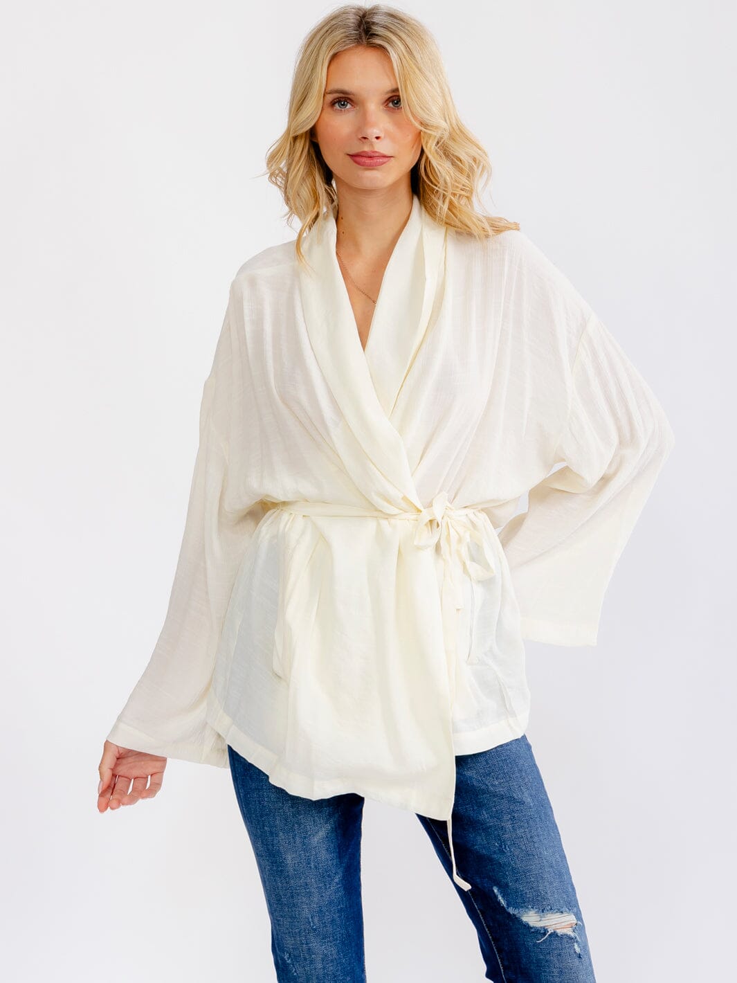WOMEN'S LONG SLEEVE FROT POCKETS SELF TIE WRAP BLOUSE