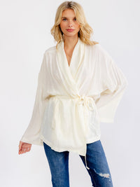 WOMEN'S LONG SLEEVE FROT POCKETS SELF TIE WRAP BLOUSE