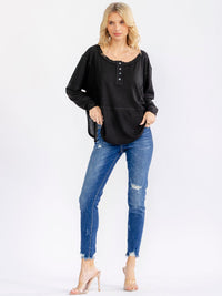WOMEN'S LONG SLEEVE BUTTON UP HIGH-LOW OVERSIZED WAFFLE TOP