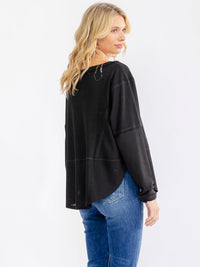 WOMEN'S LONG SLEEVE BUTTON UP HIGH-LOW OVERSIZED WAFFLE TOP
