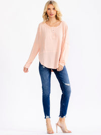 WOMEN'S LONG SLEEVE BUTTON UP HIGH-LOW OVERSIZED WAFFLE TOP