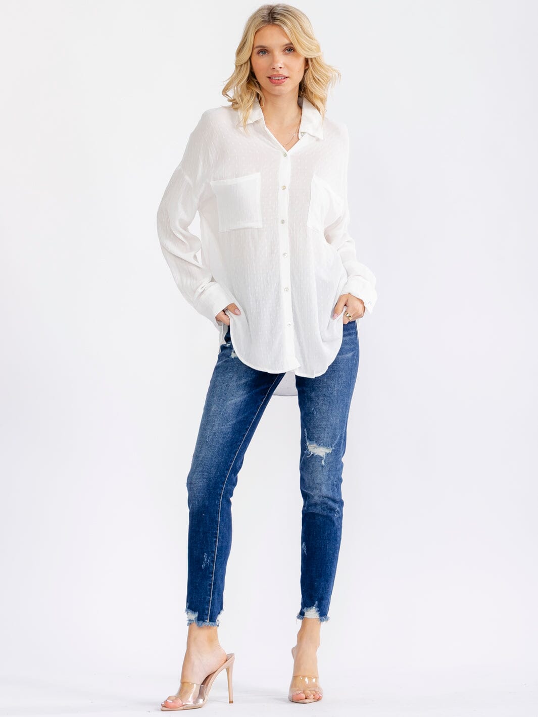 WOMEN'S LONG SLEEVE BUTTON UP FRONT POCKETS HIGH-LOW OVERSIZED SHIRT