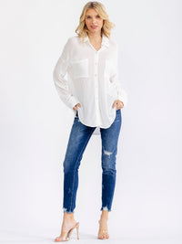 WOMEN'S LONG SLEEVE BUTTON UP FRONT POCKETS HIGH-LOW OVERSIZED SHIRT