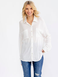 WOMEN'S LONG SLEEVE BUTTON UP FRONT POCKETS HIGH-LOW OVERSIZED SHIRT
