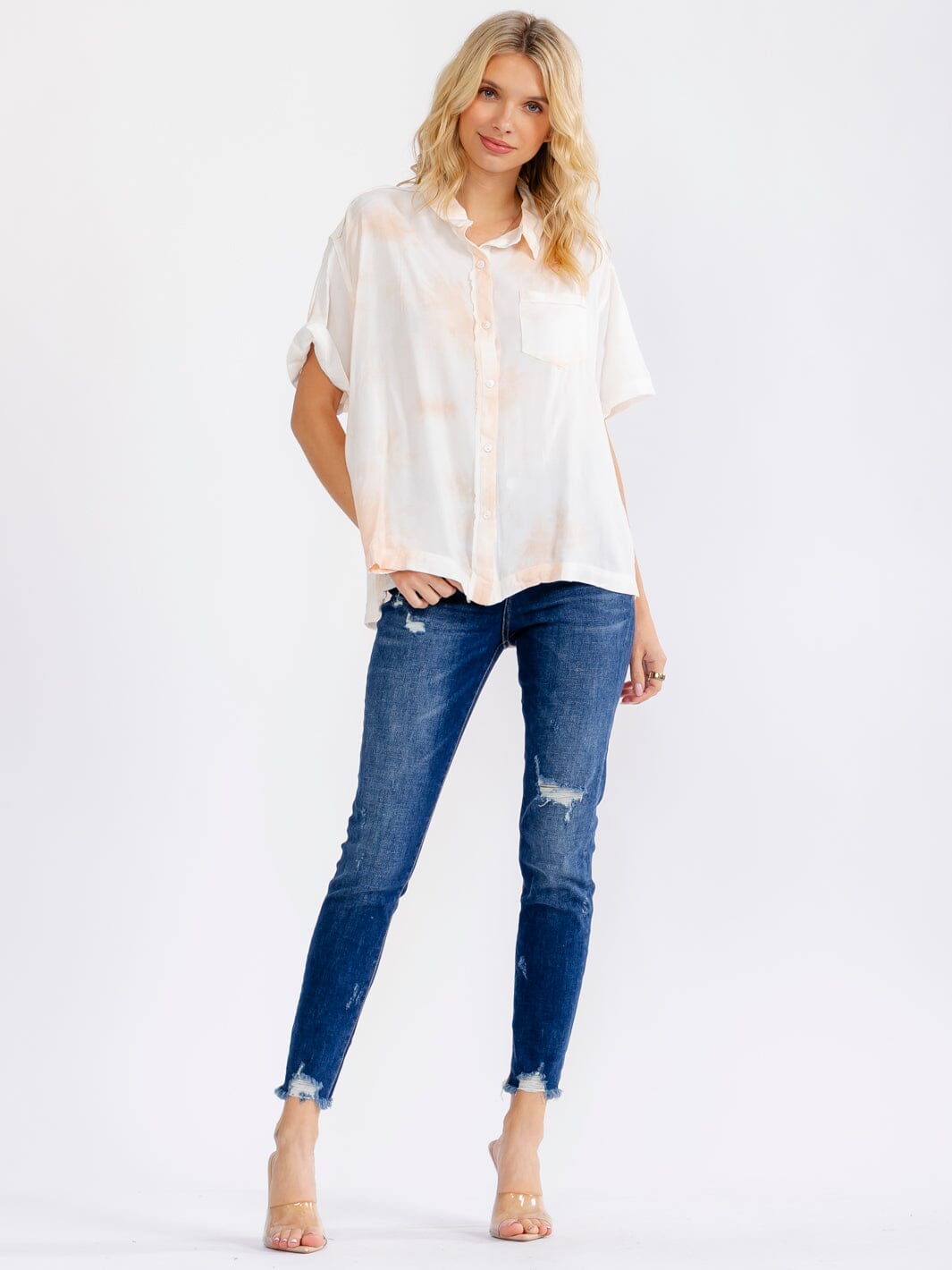 WOMEN'S SHORT SLEEVE FRONT POCKET BUTTON UP TIE DYE BLOUSE