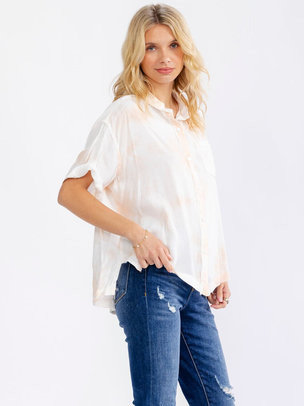 WOMEN'S SHORT SLEEVE FRONT POCKET BUTTON UP TIE DYE BLOUSE
